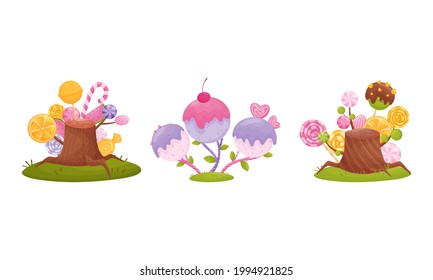 Cartoon Sweet Candy Trees as Fantasy Nature Vector Set