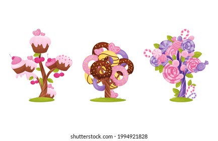 Cartoon Sweet Candy Trees as Fantasy Nature Vector Set