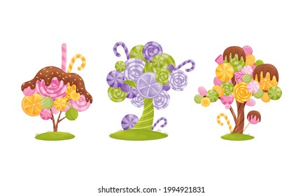 Cartoon Sweet Candy Trees as Fantasy Nature Vector Set