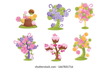 Cartoon Sweet Candy Trees Isolated on White Background Vector Set