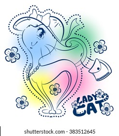 Cartoon sweet cat girl in the summer hat with the bow illustration vector.