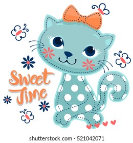 Cartoon sweet cat girl wearing a bow decorated with butterflies around isolated on white background illustration vector.