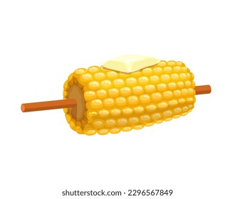 Cartoon sweet corn stick with butter and salt, vector vegetable food. Maize with ripe sweet grains or kernels, hot baked or grilled corn cob on skewer. Vegetarian dish for barbecue party, street food