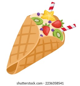 Cartoon sweet crepe pancake. Pastry pancake with whipped cream and fruits, tasty street food flat vector illustration on white background