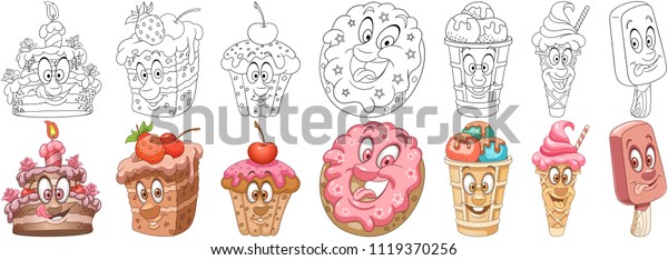 cartoon sweet dessert food collection coloring stock vector