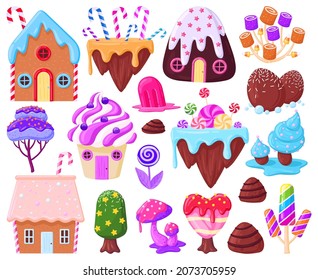 Cartoon sweet fantasy gingerbread houses and caramel trees. Fairy tale sweet candy land, biscuit houses, lollipop vector illustration set. Candy land elements. Cartoon food sweet cake, sugar candy