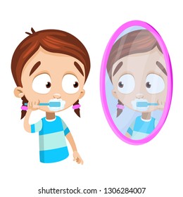 Cartoon sweet girl brushing teeth and looking in the mirror. Cute toddler preparing for sleep vector illustration. Bedtime concept. Isolated on white background