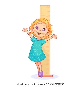 Cartoon Sweet Girl Measures Her Growth With A Big Ruler And Stands On The Tiptoe. Cutout Kids Vector Illustration.