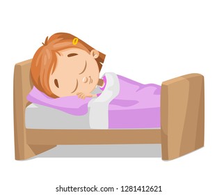 Cartoon Sweet Girl Sleeping In Bed Under Duvet. Pretty Child Seeing Colourful Dreams Vector Illustration. Goodnight And Sleeptime Concept. Isolated On White Background