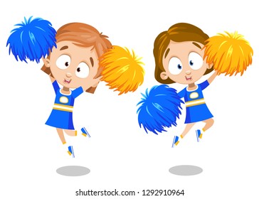Cartoon sweet girls cheering in blue suits. Lovely young cheerleaders with yellow and blue pompoms vector illustration. Sport and childhood concept. Isolated on white