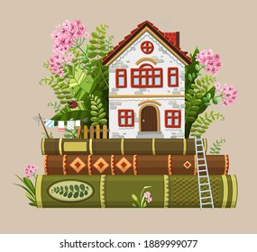 Cartoon sweet home in flowers and fern. Suitable for creating greeting cards, children's booklets, illustrations for books.