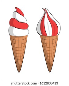 Cartoon sweet ice cream. Hand drawn two ice creams in white and red colors isolated on white.