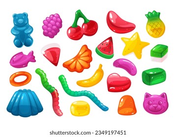 Cartoon sweet jelly. Delicious gummy desserts, jelly candy in different shapes. Colorful sweets vector illustration set of delicious candy gummy collection