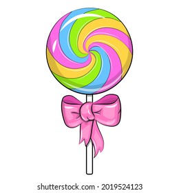 Cartoon sweet lollipop with pink bow. Vector illustration of candy on a white background.