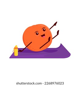 Cartoon sweet mandarin character in yoga pose. Vector funny citrus personage sitting on mat seeking balance of body and mind. Healthy lifestyle, sports class, health comic tangerine on yogi practice