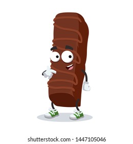 cartoon sweet milk chocolate bar mascot showing himself on a white background