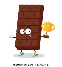 cartoon sweet milk chocolate bar mascot holds the number one cup on white background