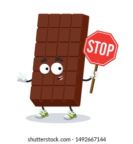 cartoon sweet milk chocolate bar mascot with tablet stop in hand on white background