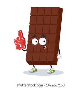cartoon sweet milk chocolate bar character mascot with the number 1 one sports fan hand glove on a white background