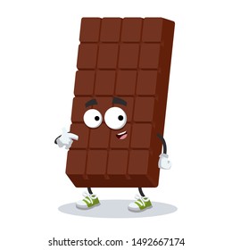 cartoon sweet milk chocolate bar mascot showing himself on a white background