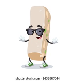 cartoon sweet nougat with nuts character mascot in black sunglasses on a white background