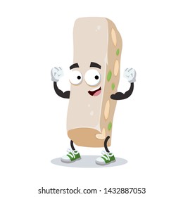 cartoon sweet nougat with nuts mascot shows its strength on a white background