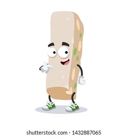 cartoon sweet nougat with nuts mascot showing himself on a white background