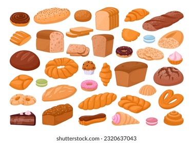 Cartoon sweet pastry. Bakery tasty pastries, french macaron, eclair, bagel, croissant, cupcake and cookies flat vector illustration set. Sweet baked desserts