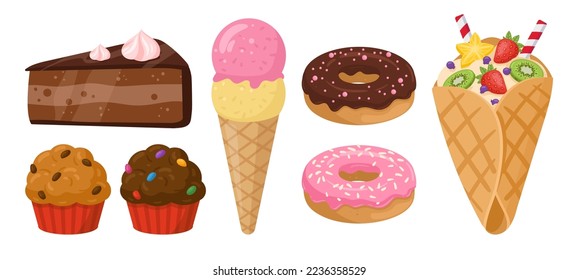 Cartoon sweet pastry. Cake, pastry desserts and bakery, sweet cake, chocolate and vanilla cupcake, ice cream, donuts and sweet crepe flat vector illustration set