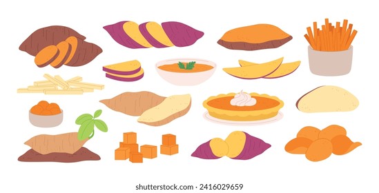 Cartoon sweet potato and raw batata. Potatoes meals, pie and mash, cubes and fries balls. Carrot sticks, fresh vegetables racy vector collection