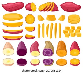 Cartoon Sweet Potato, Raw Sliced Tasty Batata Root Vegetable. Chopped Sweet Potatoes, Yam Batata French Fries And Chips Vector Illustration Set. Delicious Sweet Potatoes. Batata Vegetable Organic