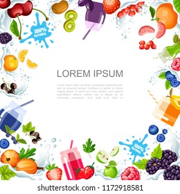 Cartoon sweet smoothies template with cherry kiwi raspberry strawberry orange apple blackberry blueberry coconut milk splashes natural juices vector illustration