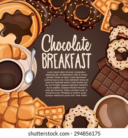 Cartoon sweets banner with belgian waffles, chocolate, coffee, croissant, cappuccino and pancakes. Vector illustration