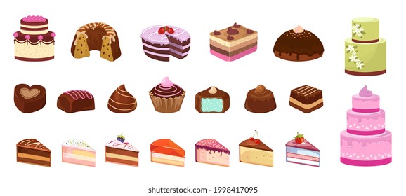 Caricaturas dulces. Pastel de chocolate dulce. Piezas aisladas de pasteles de cumpleaños. Iconos isométricos de postre, desayuno colorido en elementos vectoriales de cafe o tienda dulce