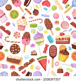 Cartoon sweets and candies, delicious desserts seamless pattern. Cupcake, chocolate, lollipop, ice cream. Bakery and confectionery background. Tasty cakes and sweets for fabric or textile