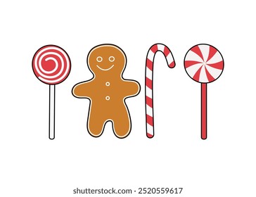 Cartoon sweets, candies, lollipops and a gingerbread man. Christmas, New Year. Traditional homemade pastries. Vector illustration.