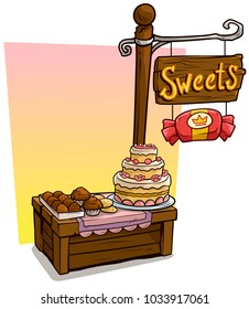 Cartoon sweets candy vendor booth or shop market wooden stand. Wooden sign with text Sweets. Vector icon for game.