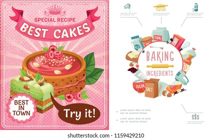 Cartoon sweets colorful composition with baking tool ingredients cakes and pie piece with raspberries nuts vector illustration