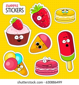 Cartoon sweets cute characters face isolated vector illustration. Funny sweets face icon vector collection. Cartoon face food emoji. Sweets emoticon. Funny food stickers.