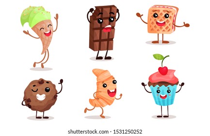 Cartoon sweets with face, arms and legs. Vector illustration.