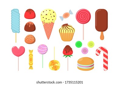 Cartoon sweets flat icon set. Delicious lollipop, biscuit, candy, ice cream, macaroon isolated vector illustration collection. Confectionery and sweetshop concept
