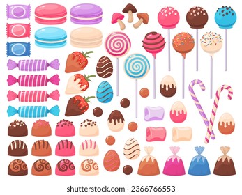 Cartoon sweets. Kids desserts. Sugar products. Yummy lollipops. Chocolate bonbons. Caramels and different candies. Strawberry with glaze. Cake and jelly confectionery