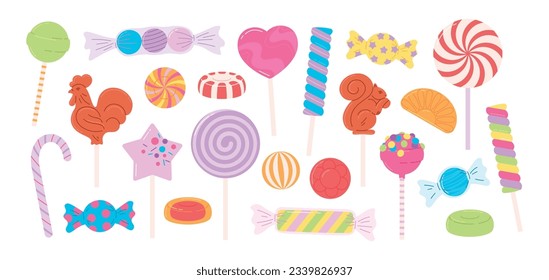 Dulces de caricatura, langostinos y dulces de fruta. Caramelos de azúcar, regalos para los niños de vacaciones. Artículos de confitería, caramelo y chicle. Racy vector clipart