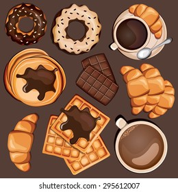 Cartoon sweets set with belgian waffles, chocolate, coffee, croissant, cappuccino and pancakes. Vector illustration