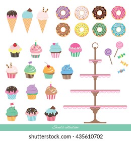 Cartoon sweets set - ice cream, cupcakes, donuts, candies.