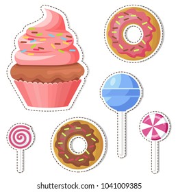 Cartoon sweets stickers or icons set. Colorful lollipop candy on stick and glazed donuts flat vector isolated on white background. Cupcake with sprinkles on cream outlined illustration