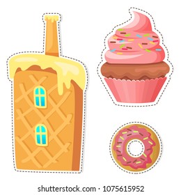 Cartoon sweets stickers or icons set. Colorful cupcake with cream and glazed donut flat vector isolated on white background. Waffle cake house with chimney illustration outlined with dotted line