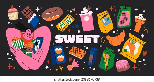 Caricatura dulces pegatinas al estilo de los años 90 retro. Chica de carácter groovy, varios dulces, galletas, dulces, panecillos, pasteles, croissants, chocolate y gelatina. Pegatinas de hipster Funky Juego de vectores, etiquetas de promoción a la moda