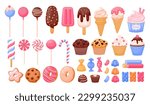 Cartoon sweets. Sweet dessert, candy, cute cake, lollipop, chocolate, sugar pastry, ice cream, donut, caramel, colorful bakery, bear dragee. Vector set. Confectionery and delicious biscuits