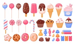 Cartoon Sweets. Sweet Dessert, Candy, Cute Cake, Lollipop, Chocolate, Sugar Pastry, Ice Cream, Donut, Caramel, Colorful Bakery, Bear Dragee. Vector Set. Confectionery And Delicious Biscuits